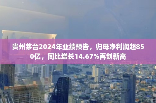 贵州茅台2024年业绩预告，归母净利润超850亿，同比增长14.67%再创新高